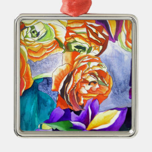 Ranunculus and Iris watercolour art Metal Tree Decoration