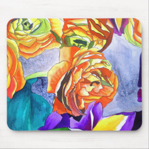 Ranunculus and Iris watercolour art Mouse Mat