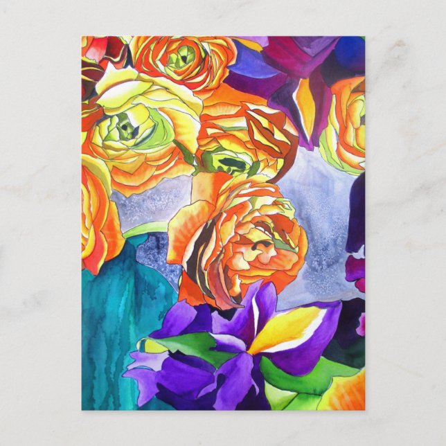 Ranunculus and Iris watercolour art Postcard (Front)