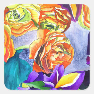 Ranunculus and Iris watercolour art Square Sticker