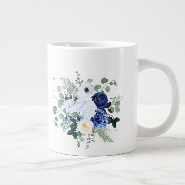 Ranunculus Anemone Hydrangea Rose White background Large Coffee Mug (Right)