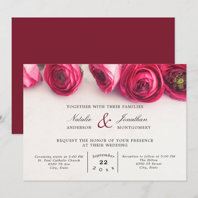 ranunculus flower pink red floral wedding invitation (Front/Back)