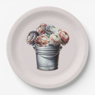 Ranunculus in Tin Pail Rustic Glam Pink Bridal Paper Plate