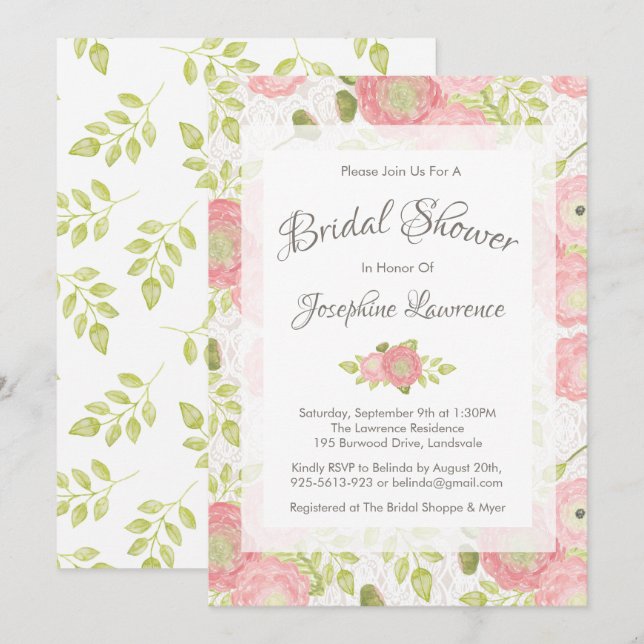 Ranunculus & Lace Peach Bridal Shower Invitations (Front/Back)