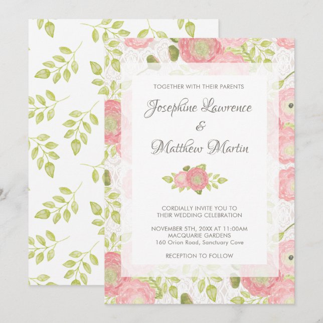 Ranunculus & Lace Peach Floral Wedding Invitations (Front/Back)