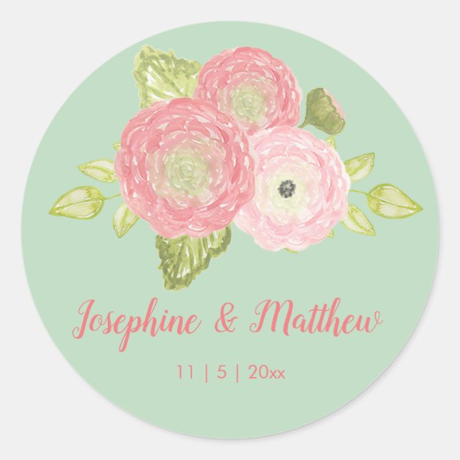Ranunculus Mint Floral Wedding Stickers (Front)