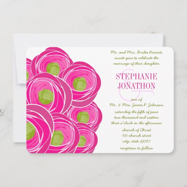 Ranunculus Rose Lime Fuchsia Modern Wedding Invite (Front)
