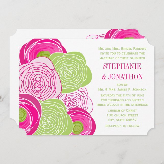 Ranunculus Rose Lime Fuchsia Modern Wedding Invite (Front/Back)