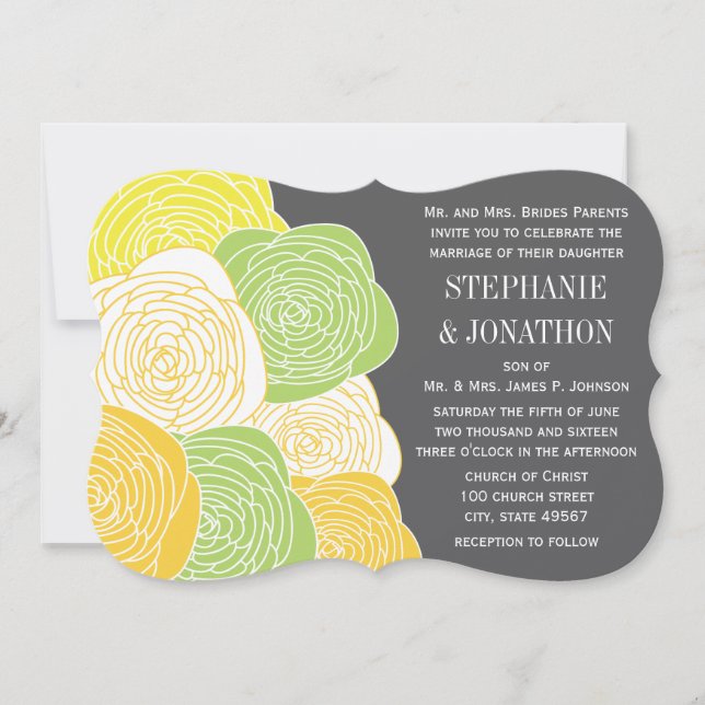 Ranunculus Rose Lime Yellow Grey Modern Wedding Invitation (Front)
