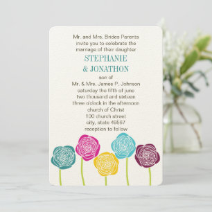 Ranunculus Rose Teal Violet Pink Yellow Wedding Invitation