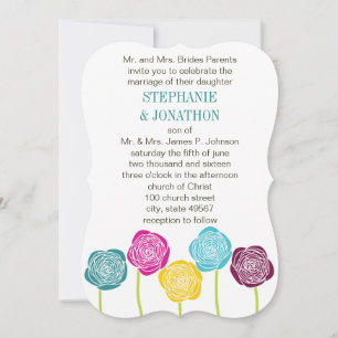 Ranunculus Rose Teal Violet Pink Yellow Wedding Invitation