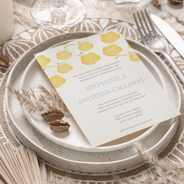 Ranunculus Rose Yellow and Gray Modern Wedding Invitation (Creator Uploaded)