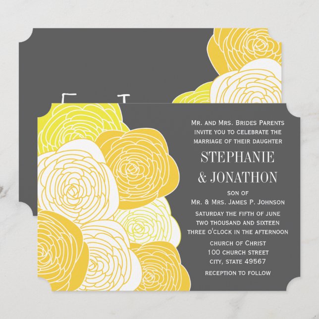 Ranunculus Rose Yellow and Grey Modern Wedding Invitation (Front/Back)