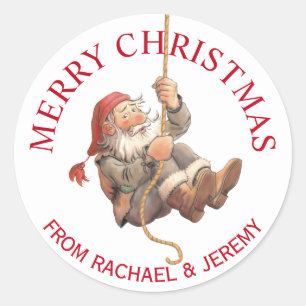 Rappelling Santa Merry Christmas Classic Round Sticker