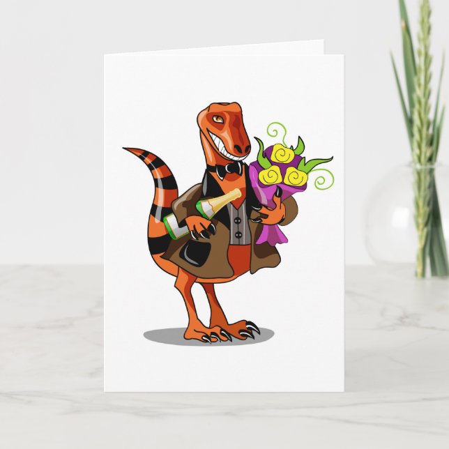 Raptor Holding Bottle Of Sparkling Wine & Flowers Card (Front)