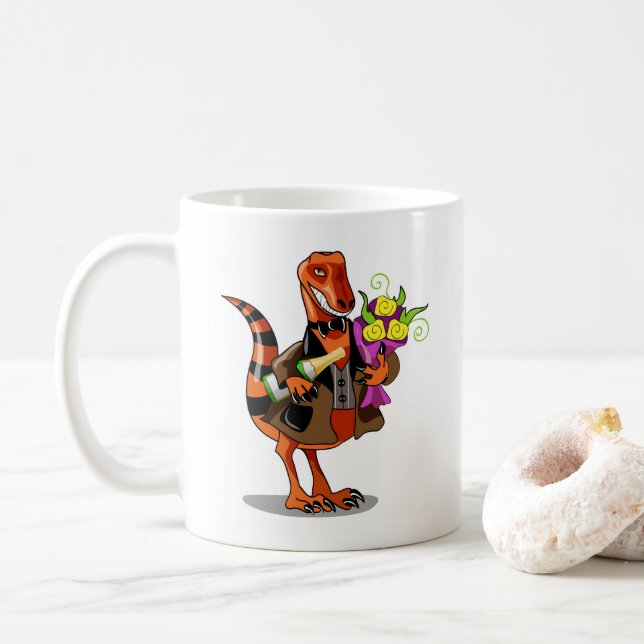 Raptor Holding Bottle Of Sparkling Wine & Flowers Coffee Mug (With Donut)