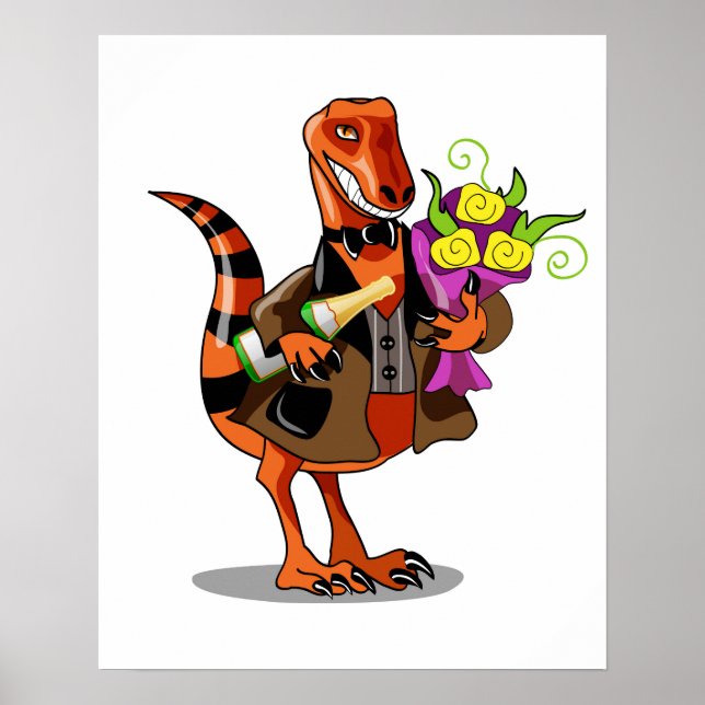 Raptor Holding Bottle Of Sparkling Wine & Flowers Poster (Front)