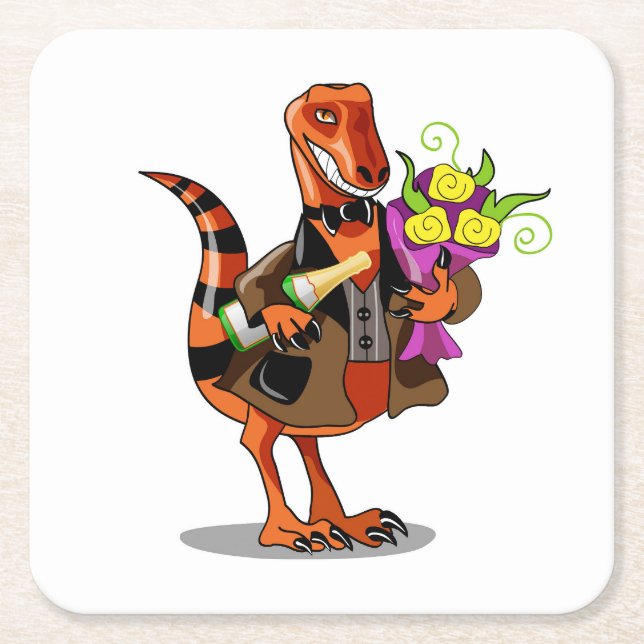 Raptor Holding Bottle Of Sparkling Wine & Flowers Square Paper Coaster (Front)