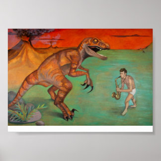 "Raptor vs Sax"  saxophone player with dinosaur Poster