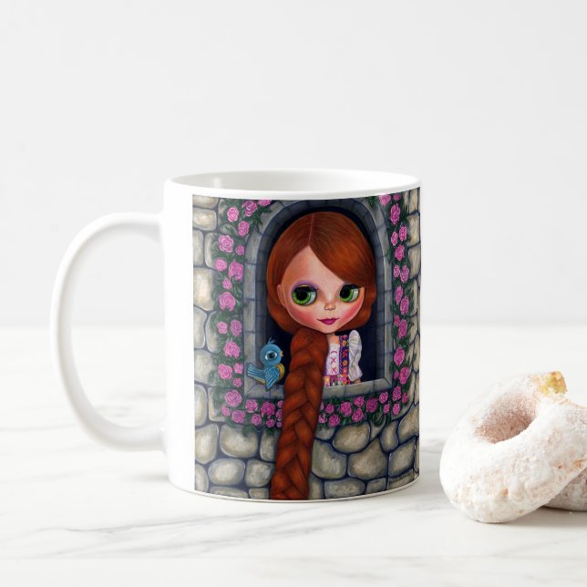 Rapunzel Big Eyes Girl Doll Cute Redhead Bluebird Coffee Mug (With Donut)