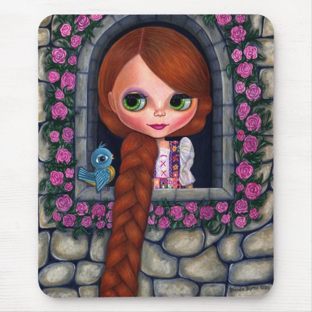 Rapunzel Big Eyes Girl Doll Cute Redhead Bluebird Mouse Mat (Front)