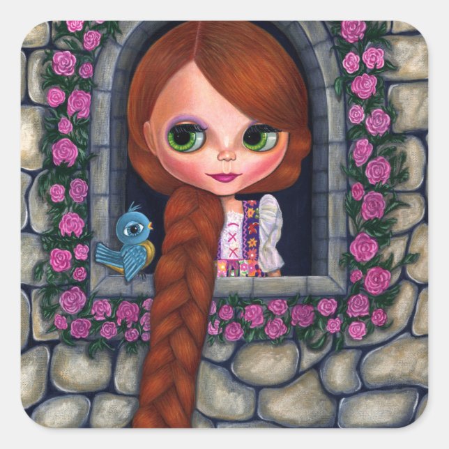 Rapunzel Big Eyes Girl Doll Cute Redhead Bluebird Square Sticker (Front)