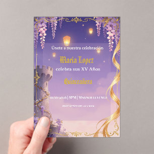 Rapunzel theme Quinceañera Purple Gold Princess Acrylic Invitations