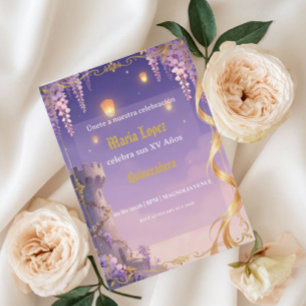 Rapunzel theme Quinceañera Purple Gold Princess Invitation