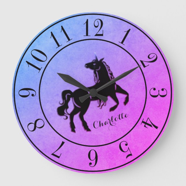 Rare Black Unicorn Gradient Purple Personalised Large Clock (Front)