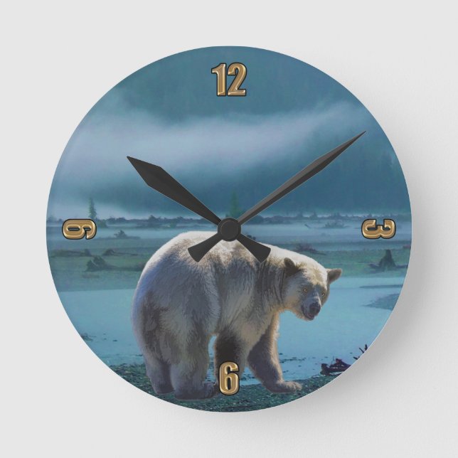 Rare Ghost Bear and Misty River Wildlife Scene Round Clock (Front)