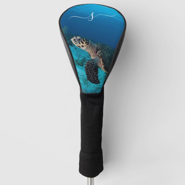 Rare Hawksbill Turtle Swimming Monogram Initial  Golf Head Cover (Front)