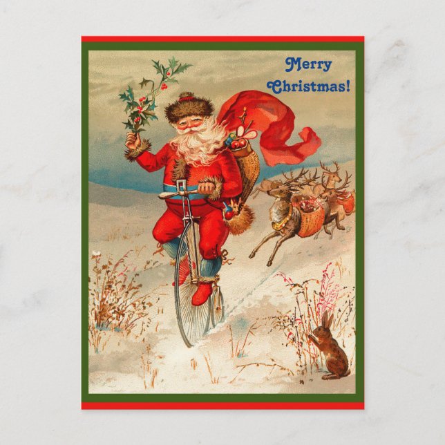 Rare Santa Claus on Velocipede Chased by Reindeer Holiday Postcard (Front)