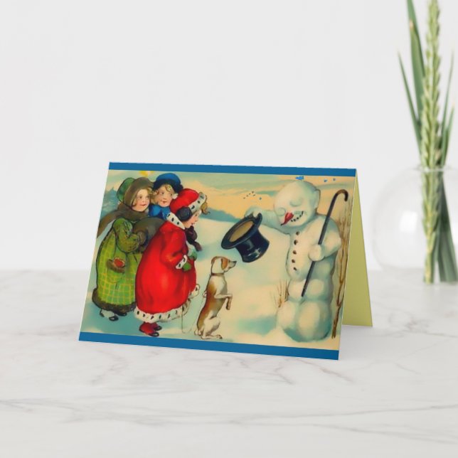 Rare Snowman, Bird on Head, Magic Hat, Kids, Dog Holiday Card (Front)