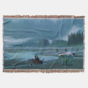 Rare Spirit Bear and Misty River Wildlife Scene Throw Blanket