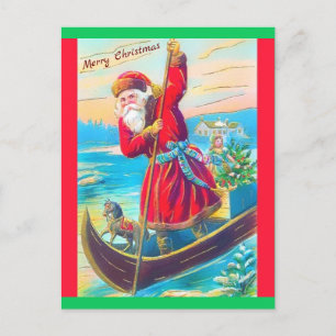 Rare Vintage Santa Standing in Canoe, Fur Hat copy Postcard