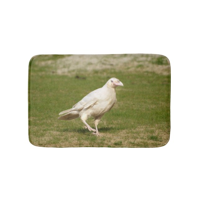 Rare White (Spirit) Raven and Grass Bath Mat (Front)