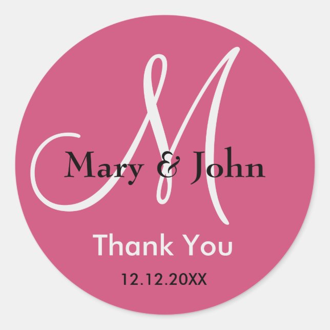 Rasberry Pink Thank You Wedding Monogram Favour Classic Round Sticker (Front)