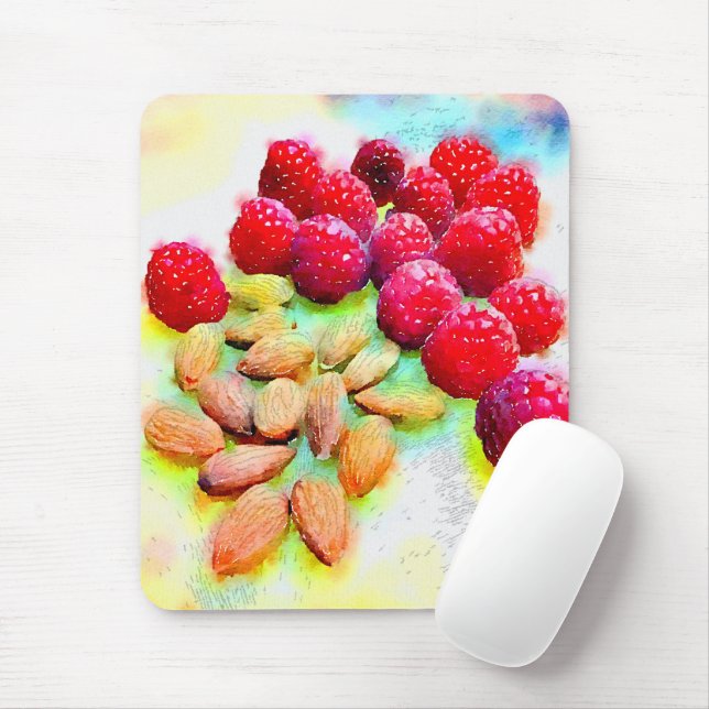 Raspberries and Almonds Healthy Snack Watercolor Mouse Mat (With Mouse)