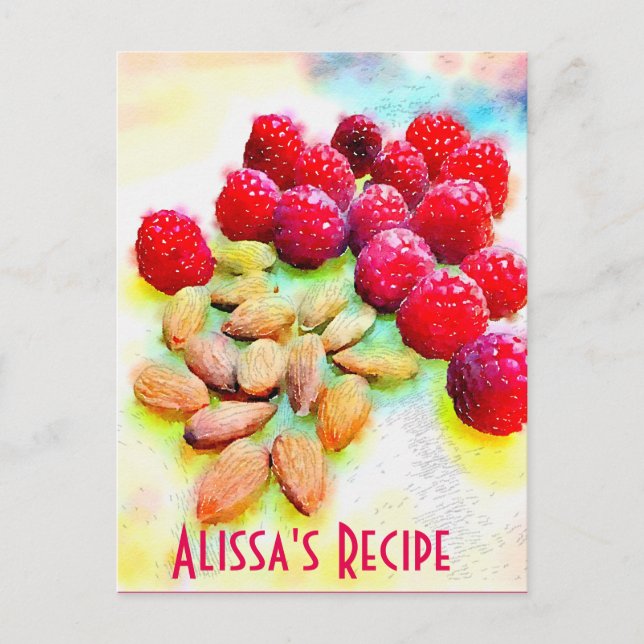Raspberries and Almonds Watercolor Healthy Snack Postcard (Front)