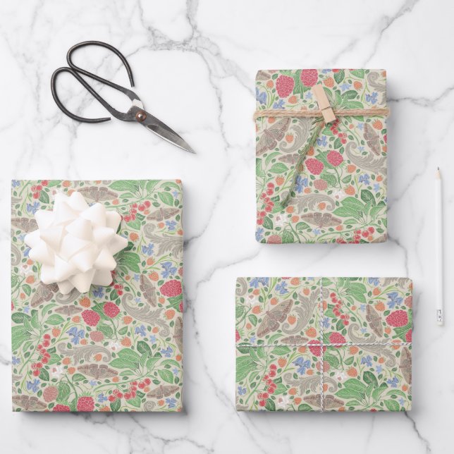 Raspberries Butterflies Currants Strawberry Garden Wrapping Paper Sheet (Front)