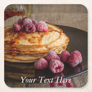 Raspberries on a stack of French Pancakes Square Paper Coaster