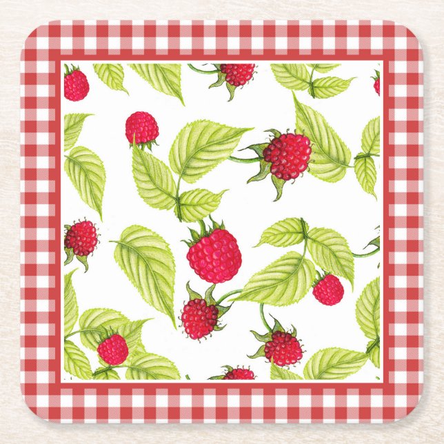 Raspberries on Red Gingham  Square Paper Coaster (Front)