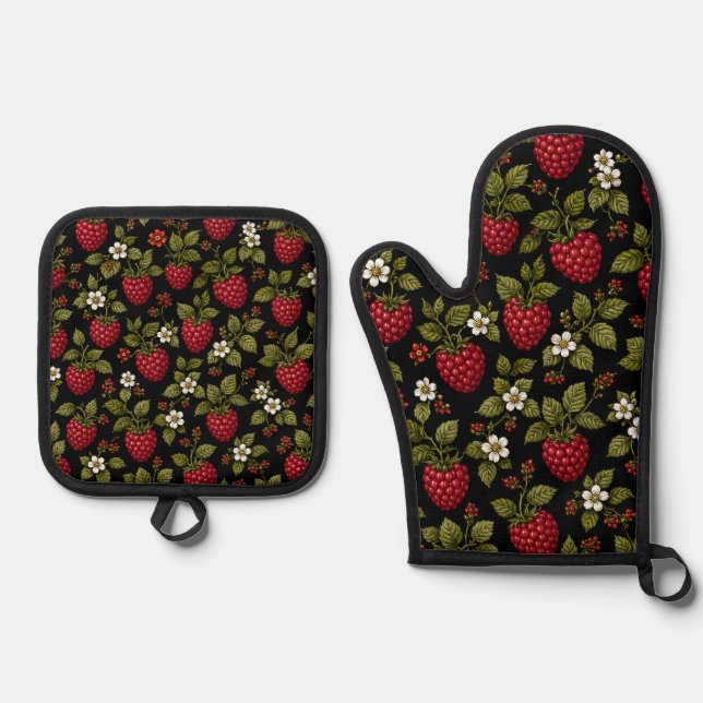 Raspberries Oven Mitt & Pot Holder Set (Front)