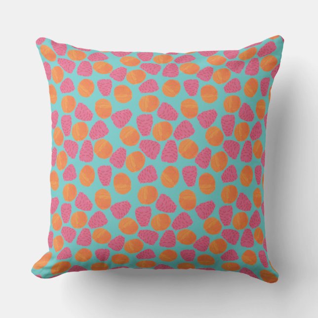 Raspberries, Tangerines on Bright Turquoise Blue Cushion (Front)