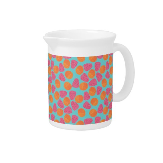 Raspberries Tangerines on Bright Turquoise Blue Pitcher