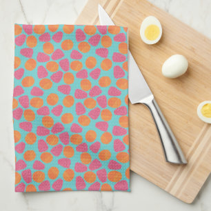 Raspberries Tangerines on Bright Turquoise Blue Tea Towel