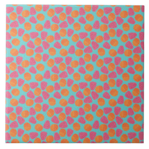 Raspberries Tangerines on Bright Turquoise Blue Tile