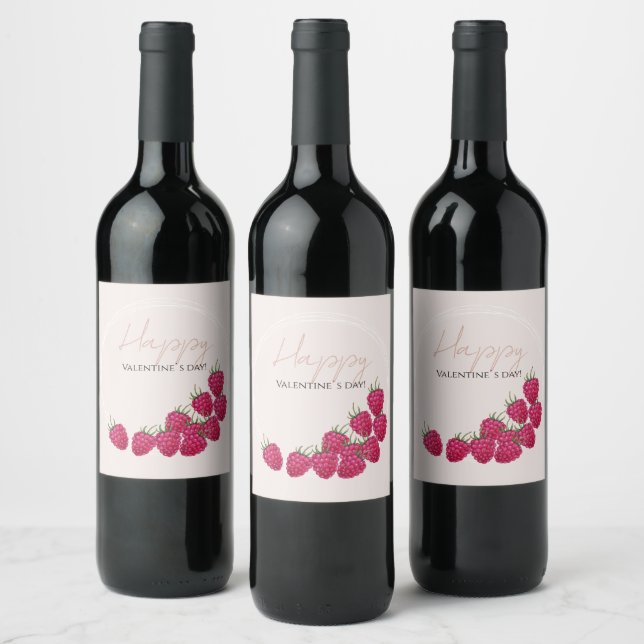 Raspberries Watercolor Happy Valentine`s Day Wine Label (Bottles)