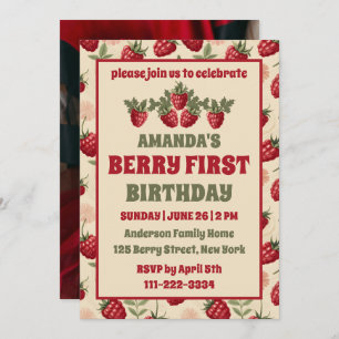 Raspberry 1st Birthday Party Berry First Photo Invitation