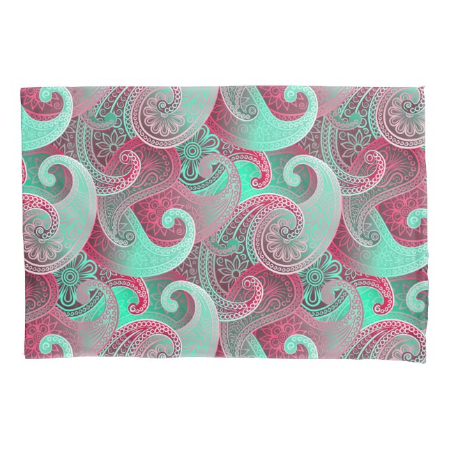 Raspberry and Aqua Paisley Pattern Pillowcase (Front-Left)